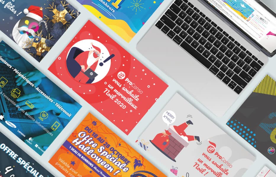 Création de bannières web et carte de vœux avec illustrations vectorielles crées sur mesure pour Pro Conso par JA Design graphiste à Bordeaux