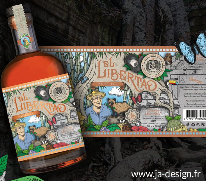 Création d'une illustration sur mesure pour habiller complètement une bouteille de rhum