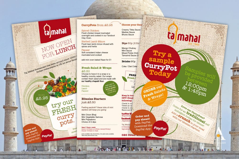 Flyers créés pour le restaurant Tajmahal à Londres UK