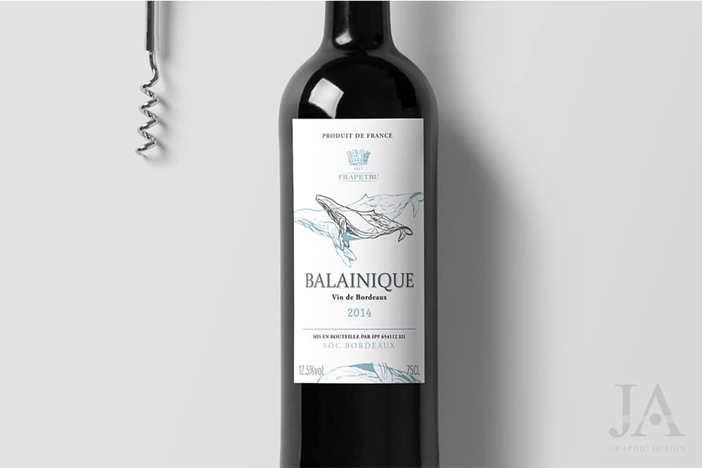 Illustration d'une baleine pour une étiquette de vin de Bordeaux