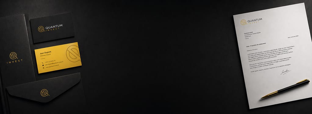 Création de logo et identité visuelle premium par graphiste freelance à Bordeaux – exemple de branding complet avec carte de visite et papeterie