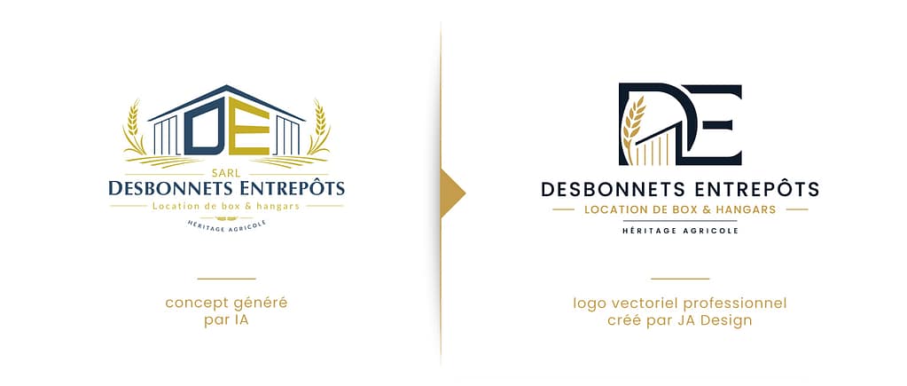Transformation d'un logo généré par IA en une identité visuelle professionnelle pour Desbonnets Entrepôts, réalisée par JA Design.