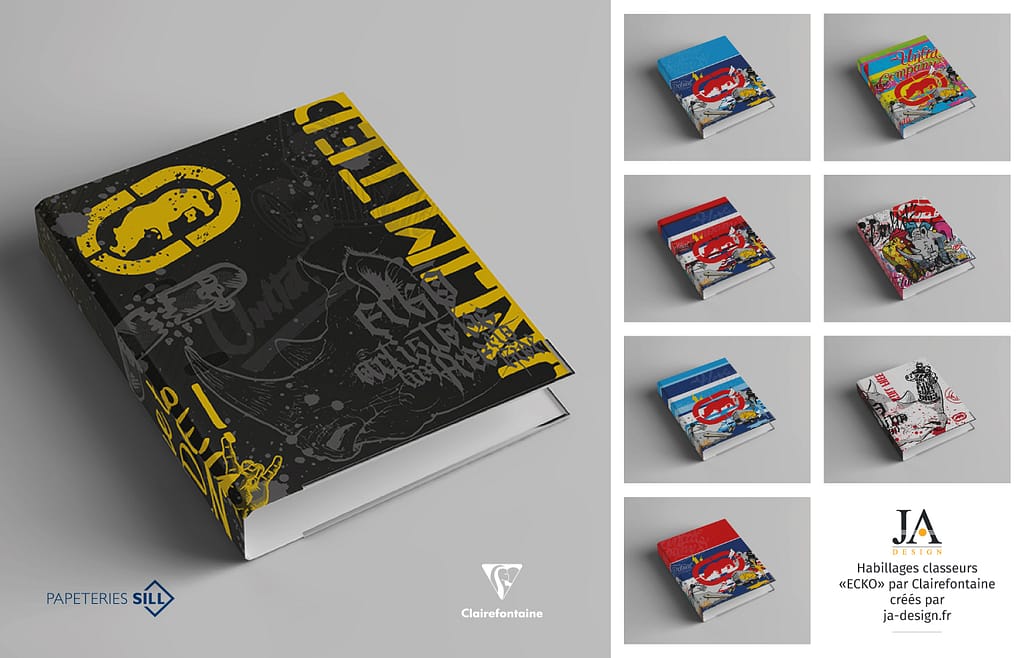 Création de couvertures de classeur avec des visuels de la marque ECKO pour Clairefontaine et les papeteries SILL par JA Design - Graphiste freelance Bordeaux