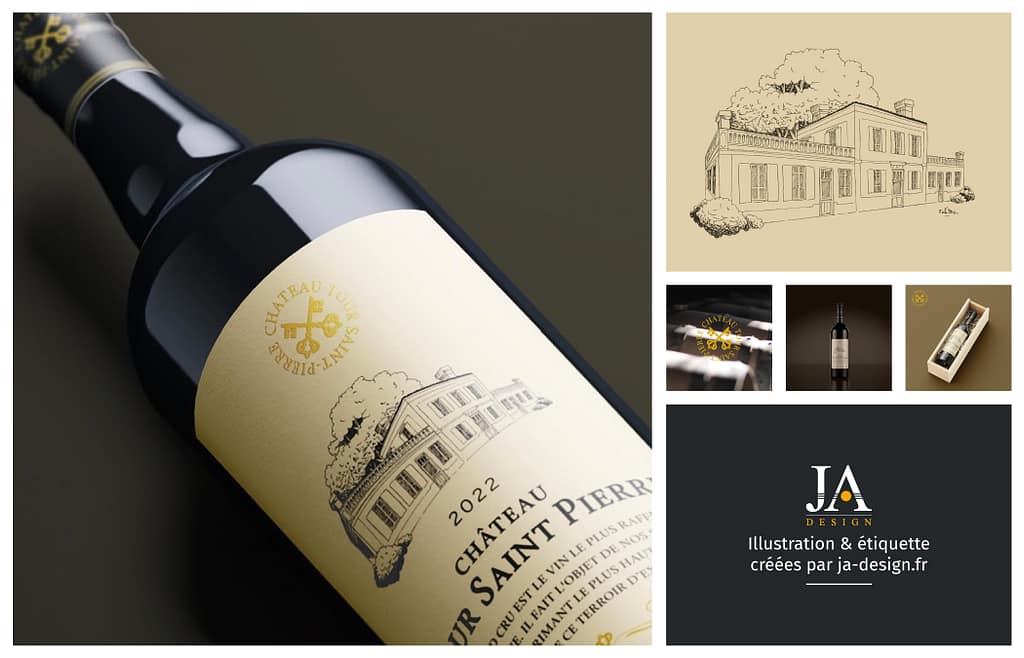 Création d'une étiquette et d'une illustration sur mesure d'un château et domaine, pour une bouteille de vin de Saint-Emilion, Tour-Saint-Pierre, en collaboration avec Oenographe - Par JA Design