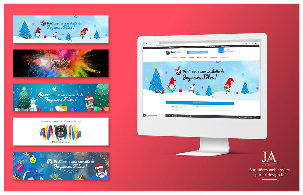 JA Design vous propose la création de bannières web pour les fêtes de fin d'année. Soyez original ! Création de Posts et Bannières pour les Réseaux Sociaux