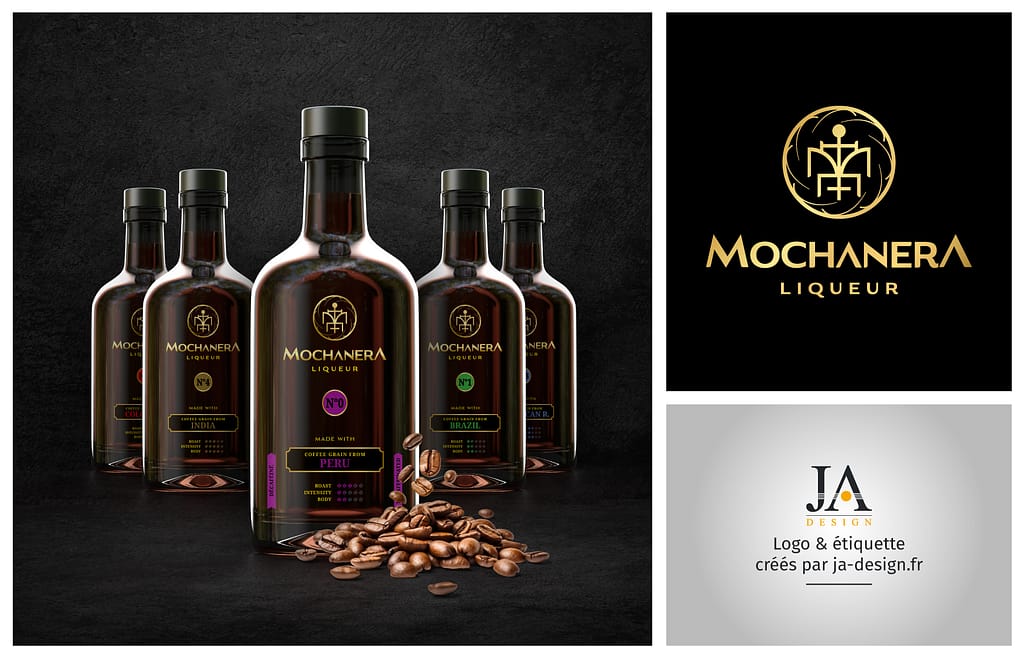 Création d'un logo, d'une étiquette et de ses déclinaisons pour une gamme de liqueur de café "Mochanera" - Par JA Design