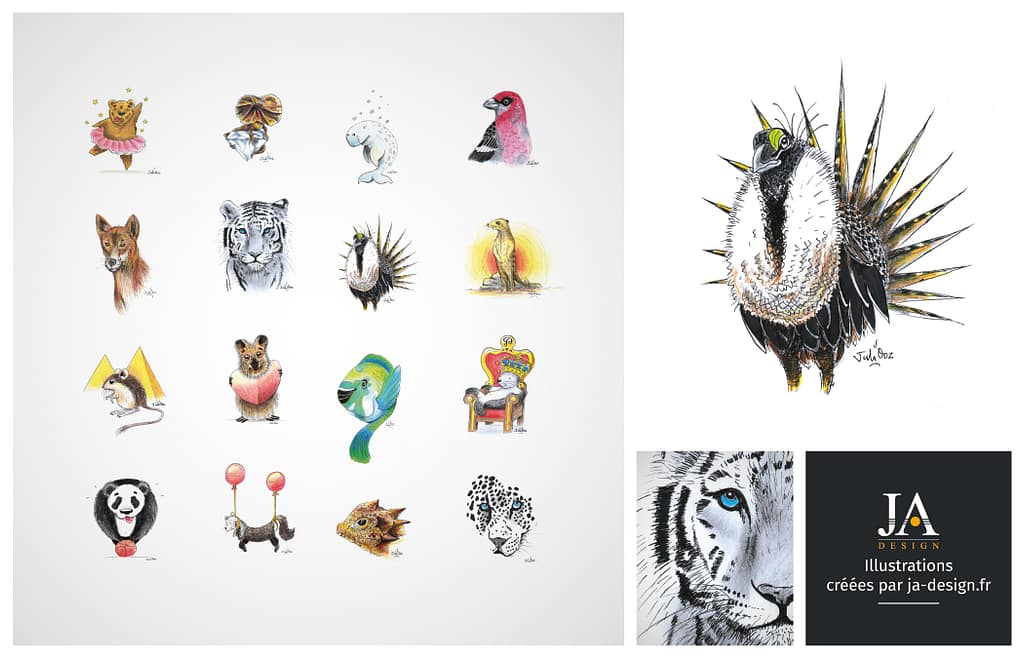 Création d'illustrations au trait d'animaux en voie de disparition pour un projet scolaire - par JA Design