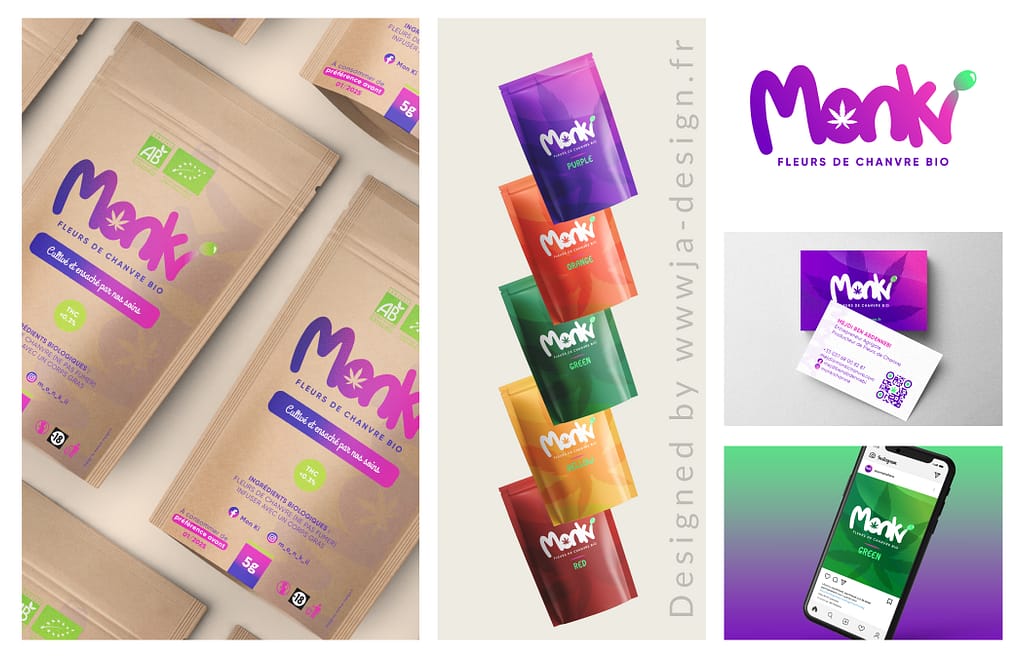 Création d'un logo, d'une charte graphique et d'un packaging pour MONKI, une marque de CBD - par JA Design Graphiste à Bordeaux