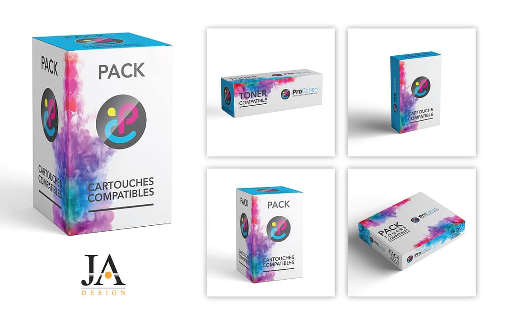 Création d'une gamme d'emballages et packaging pour ProConso, une marque de cartouches d'encre et toners - par JA Design - Graphiste à Bordeaux