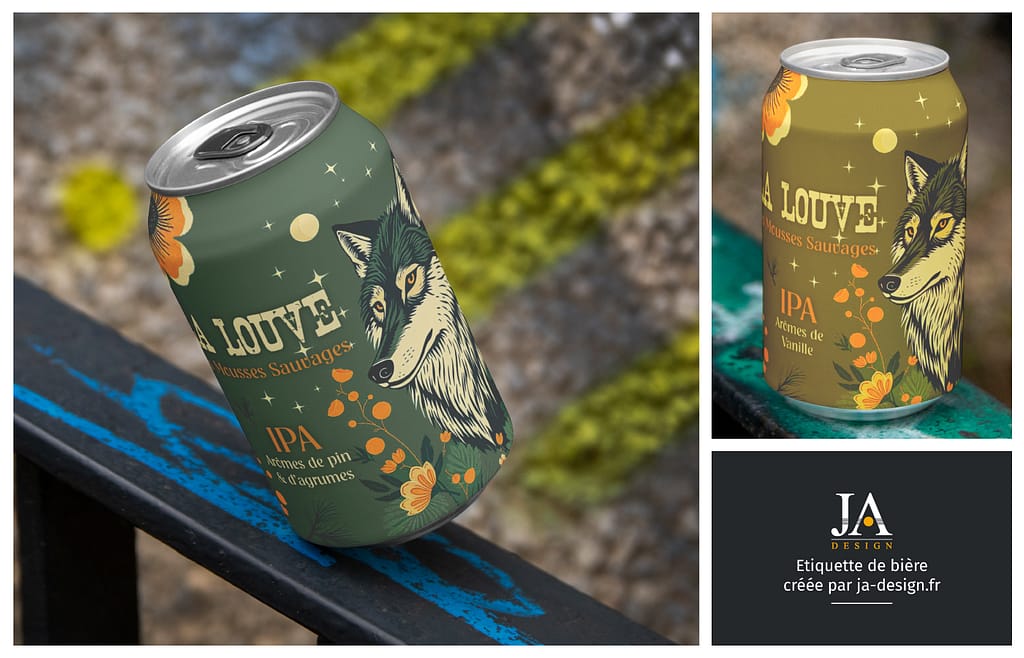 Création personnelle d'une étiquette illustrée pour une marque de bière "La Louve" par JA Design - Graphiste à Bordeaux