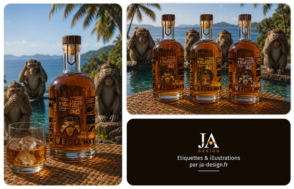 etiquette rhum graphique 3 monkeys organization