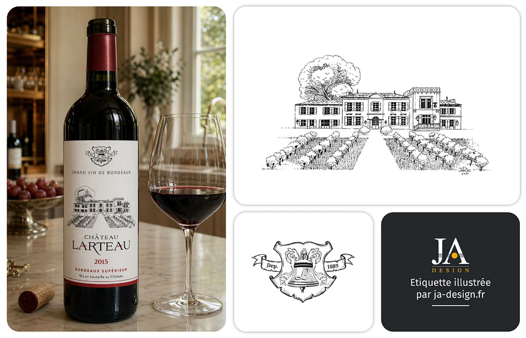 Création d'une étiquette de vin de Bordeaux avec une illustration au trait sur mesure