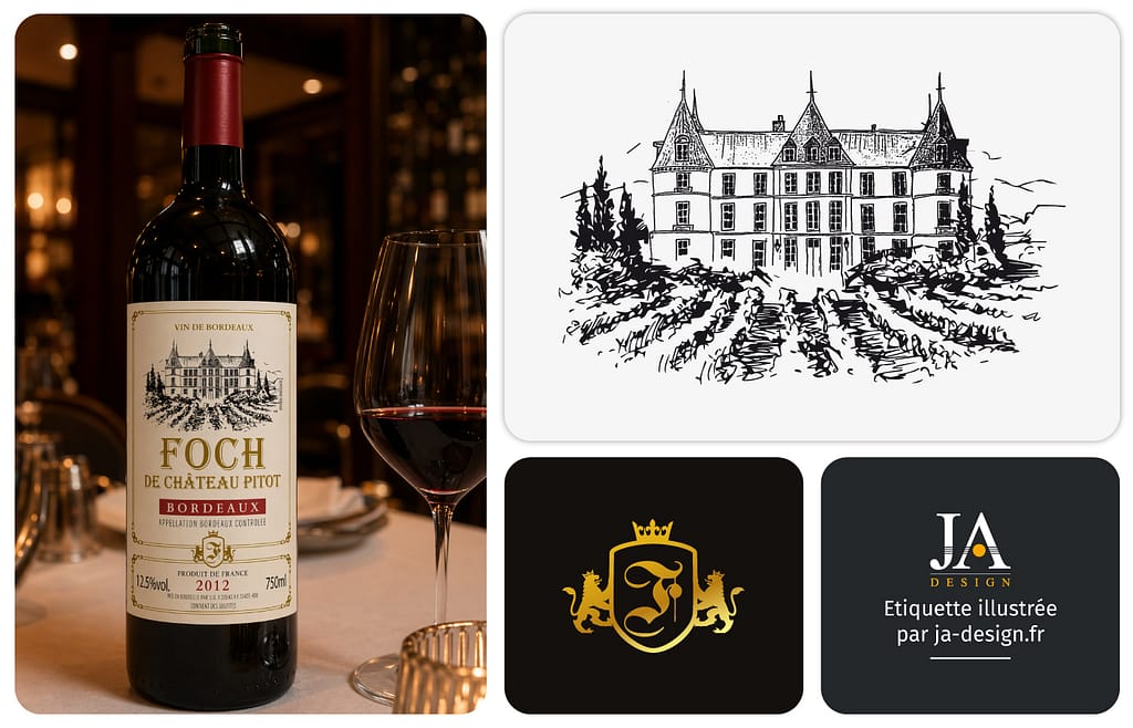 Création d'une étiquette de vin de Bordeaux avec une illustration sur mesure