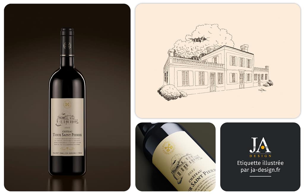 Création d'une étiquette de vin de Bordeaux avec une illustration au trait, faite à la main sur papier