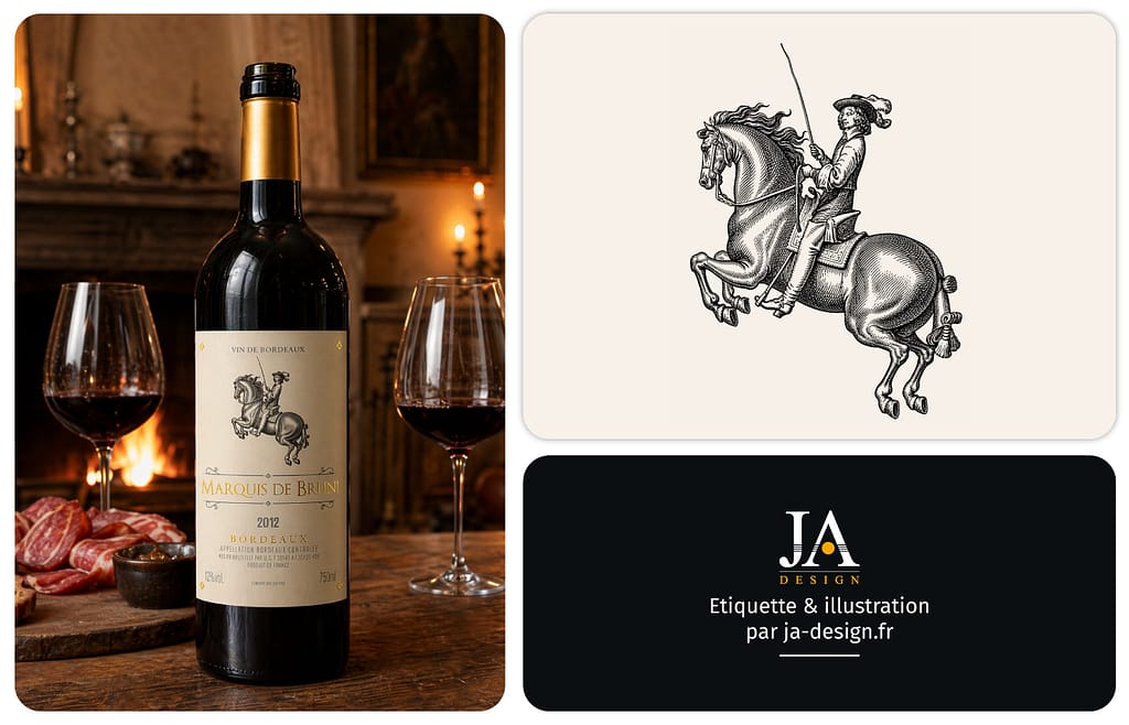 etiquette vin bordeaux illustration gravure cheval marquis