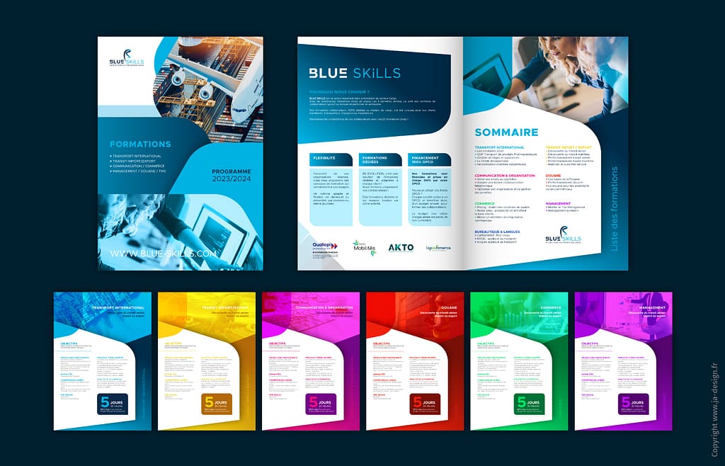 Création d'un catalogue import export cargo Blue Skills par JA Design graphiste à Bordeaux