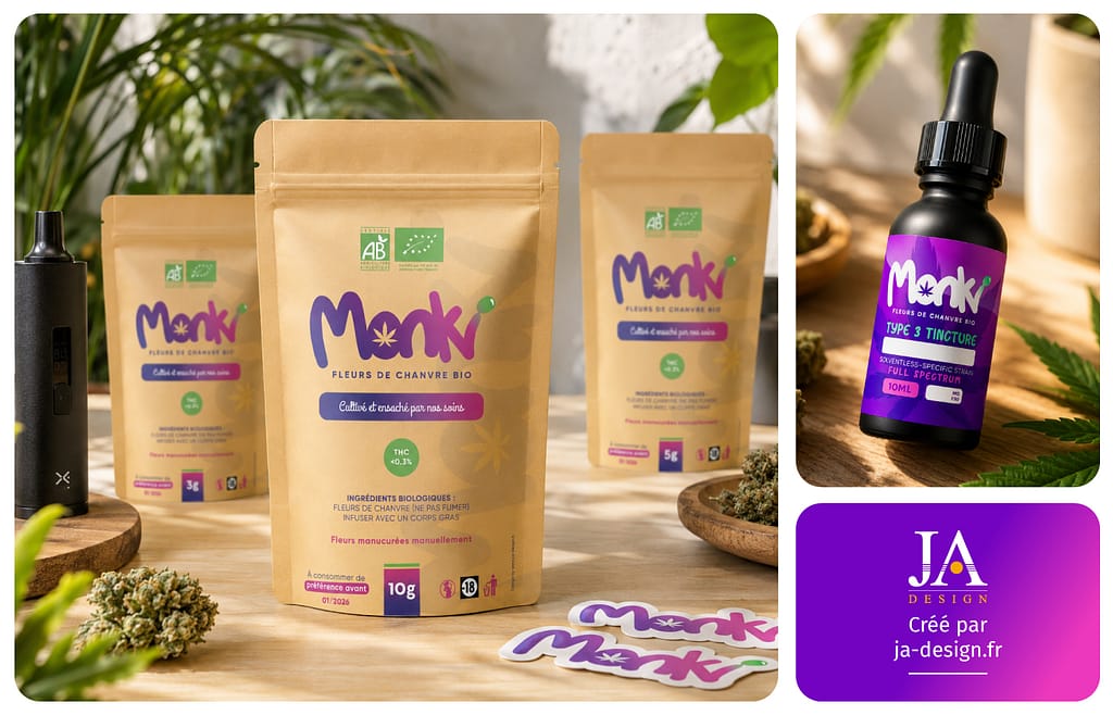 Création packaging cbd MONKI par JA Design graphiste à Bordeaux