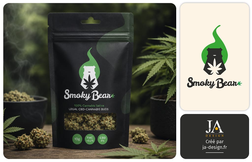 Création packaging CBD cannabis légal Smoky Bear graphiste Bordeaux JA Design