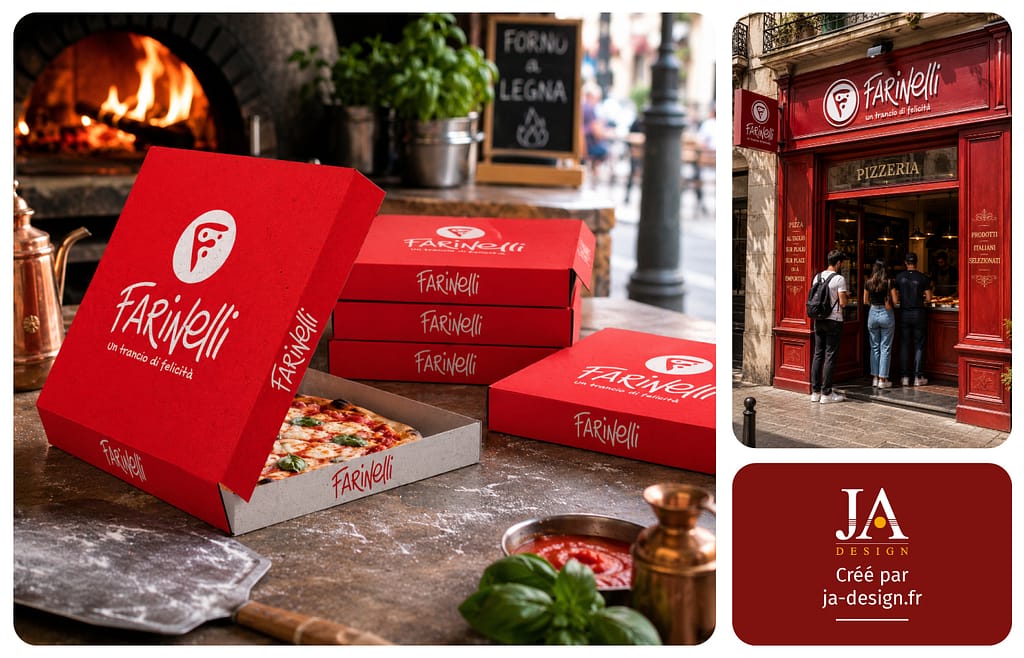 Création packaging boîte à pizza restaurant italien graphiste Bordeaux JA Design