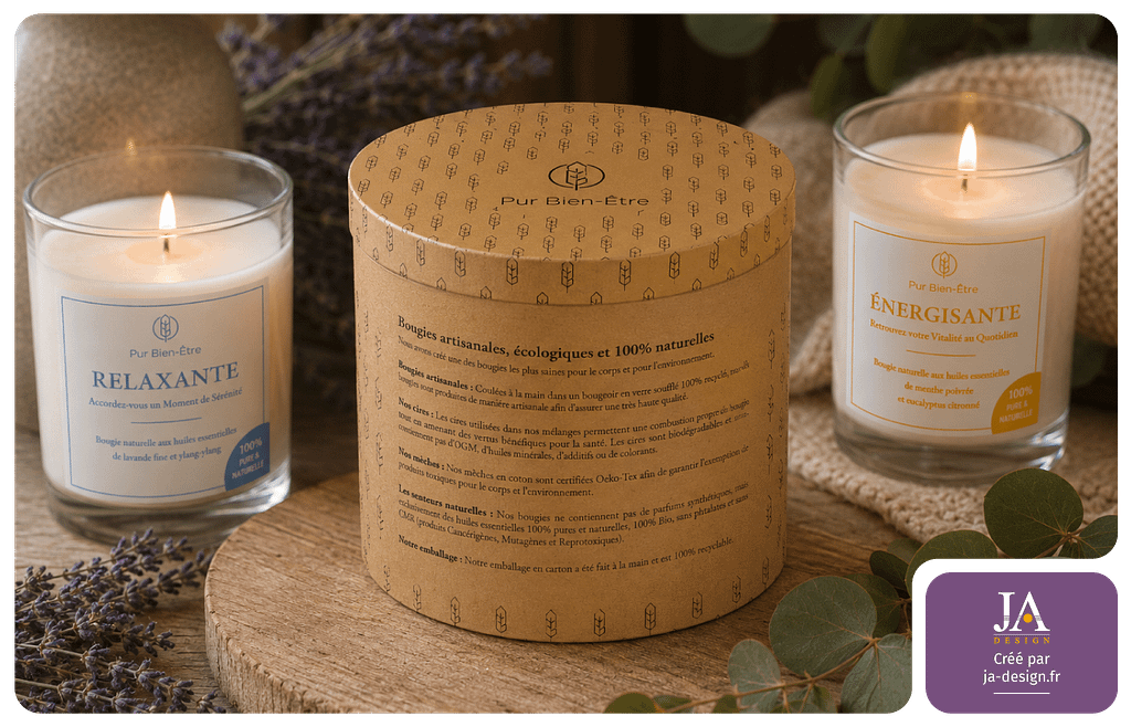 Création packaging bougies naturelles huiles essentielles par JA Design graphiste à Bordeaux