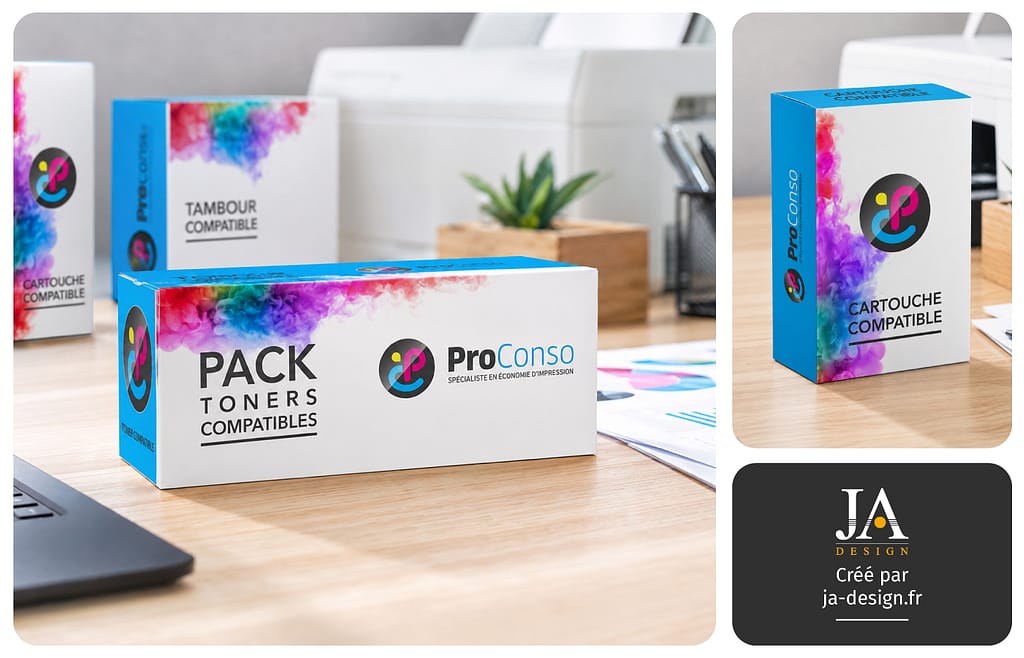 Création packaging cartouche encre et toner compatible graphiste Bordeaux JA Design