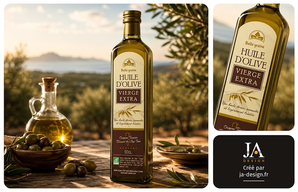création d'une étiquette pour bouteille d'huile d'olive Belle Graine par JA Design