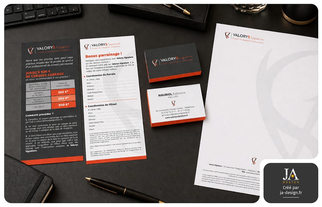 Flyer et supports de communication cabinet de gestion de patrimoine Valorys Signature à Bordeaux