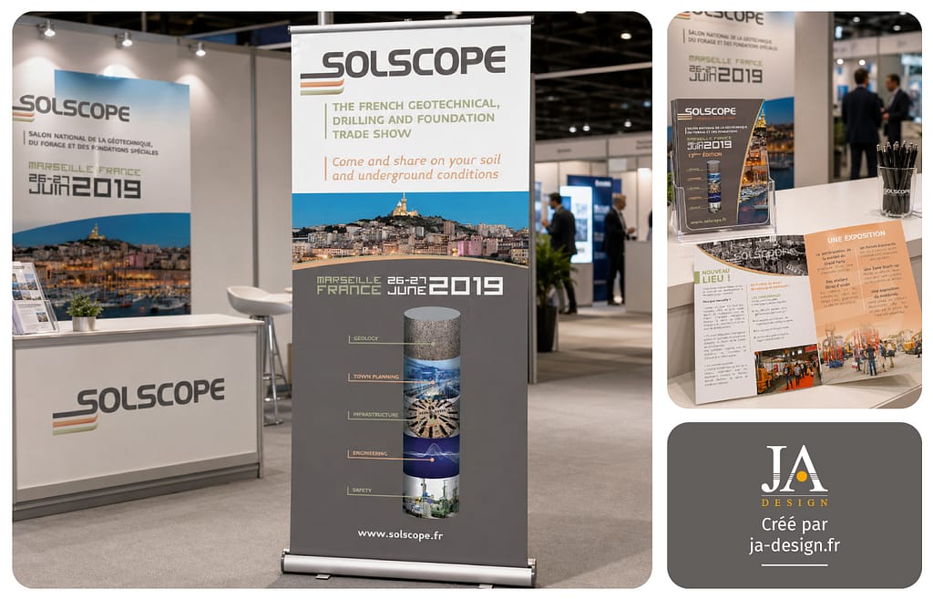kakemono et plaquette de présentation salon geotechnique SOLSCOPE
