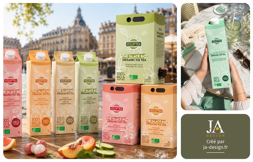 création gamme de packagings pour briques de thé glacé Volup'Tea par JA Design graphiste à Bordeaux