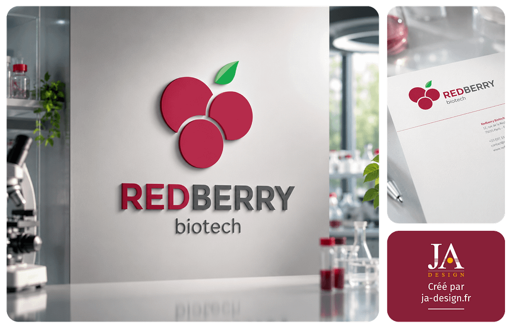 Mise en situation du logo Redberry Biotech sur supports de communication professionnels