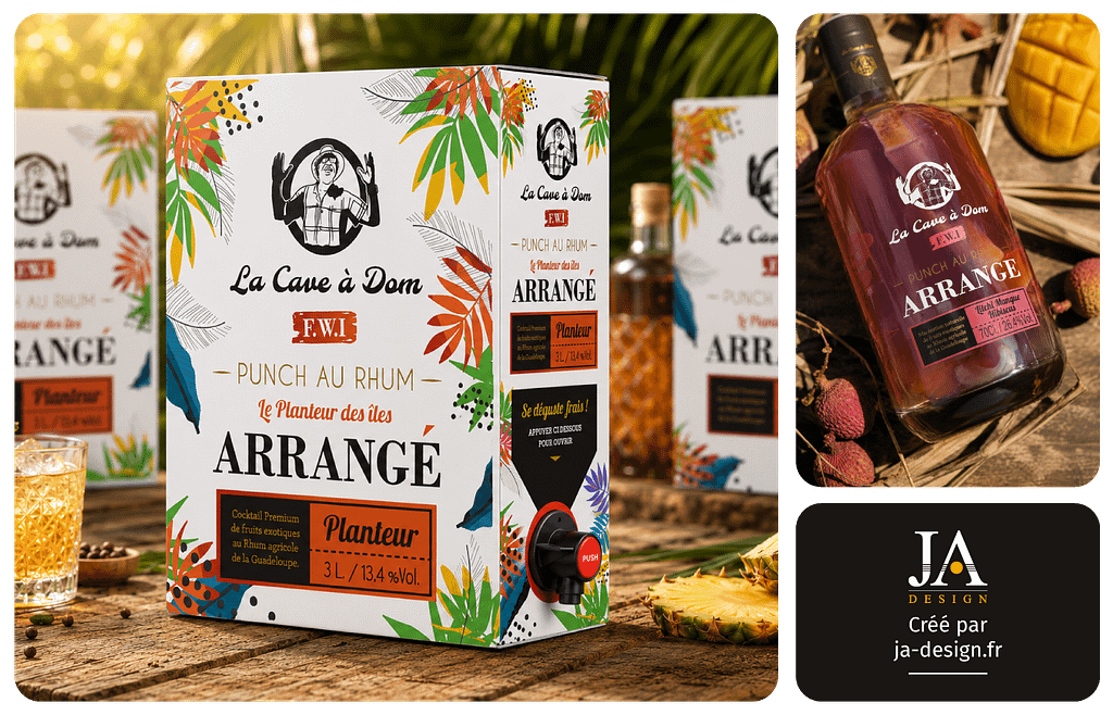 Création packaging BIB rhum arrangé La Cave à Dom par JA Design graphiste à Bordeaux