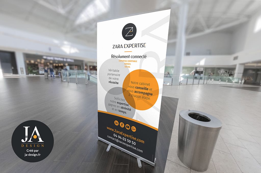 Création d'un kakemono pour une exposition de Zara Expertise par JA Design - Graphiste freelance Bordeaux