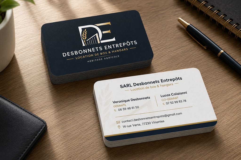 Transformation d'un logo généré par IA en une identité visuelle professionnelle pour Desbonnets Entrepôts, et carte de visite réalisée par JA Design.