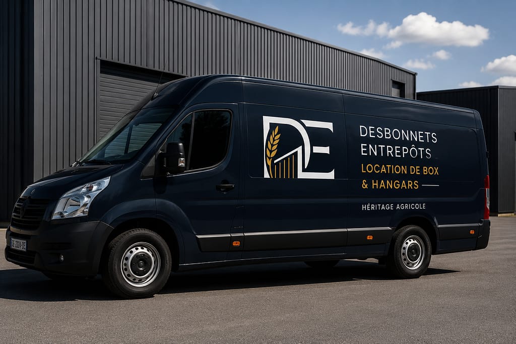 Transformation d'un logo généré par IA en une identité visuelle professionnelle pour Desbonnets Entrepôts, et habillage pour véhicule utilitaire réalisé par JA Design.