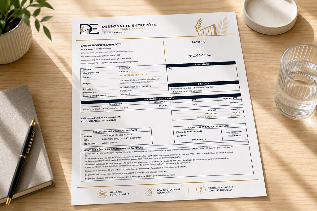 Transformation d'un logo généré par IA en une identité visuelle professionnelle pour Desbonnets Entrepôts, et quittance ou facture réalisée par JA Design.