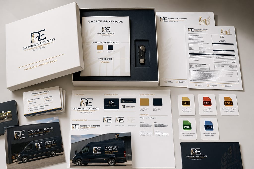 Livrables d'une identité visuelle professionnelle créée à partir d'un logo généré par IA : logo vectoriel, charte graphique, carte de visite, documents administratifs et fichiers AI, PDF, SVG, PNG et JPG.