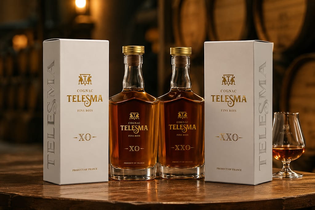 création d'une étiquette et d'un packaging pour un spiritueux cognac Telesma par JA Design graphiste à Bordeaux