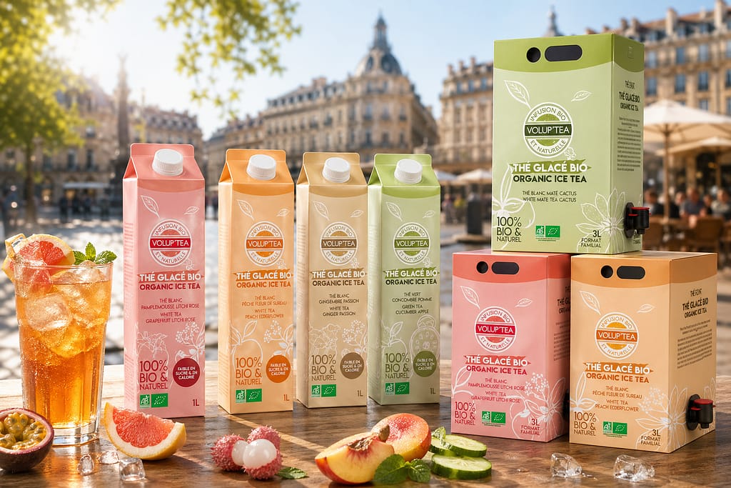 Création d'une gamme de packaging pour briques de thé glacé Volup'Tea par JA Design graphiste à Bordeaux
