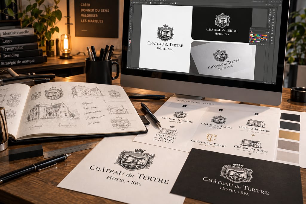 Processus de conception d’une refonte de logo - Projet logo Château du Tertre par JA Design graphiste