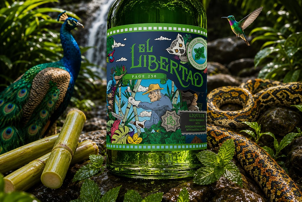 Etiquette illustrée sur mesure pour El Libertad, rhum et liqueur de menthe par JA Design
