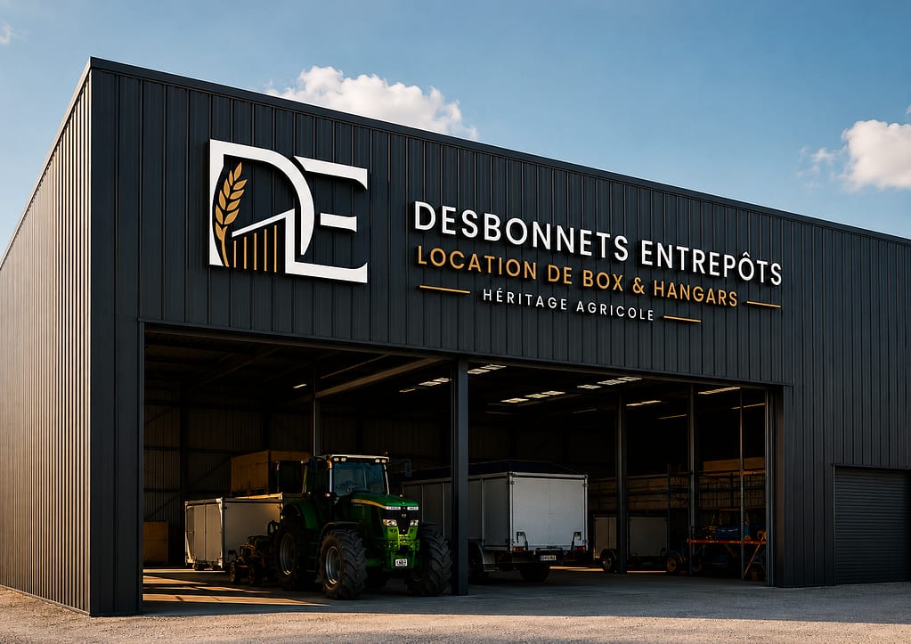 Transformation d'un logo généré par IA en une identité visuelle professionnelle pour Desbonnets Entrepôts, et enseigne pour façade réalisée par JA Design.