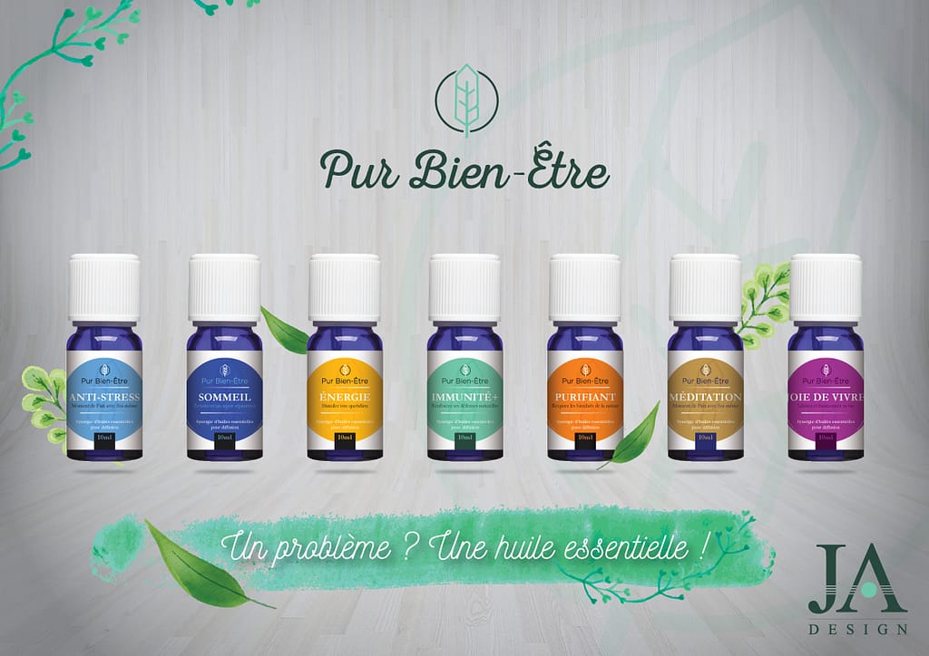 Création d'une gamme d'étiquettes d'huiles essentielles. Déclinaisons d'un template sur des petits flacons - par JA Design Graphiste à Bordeaux
