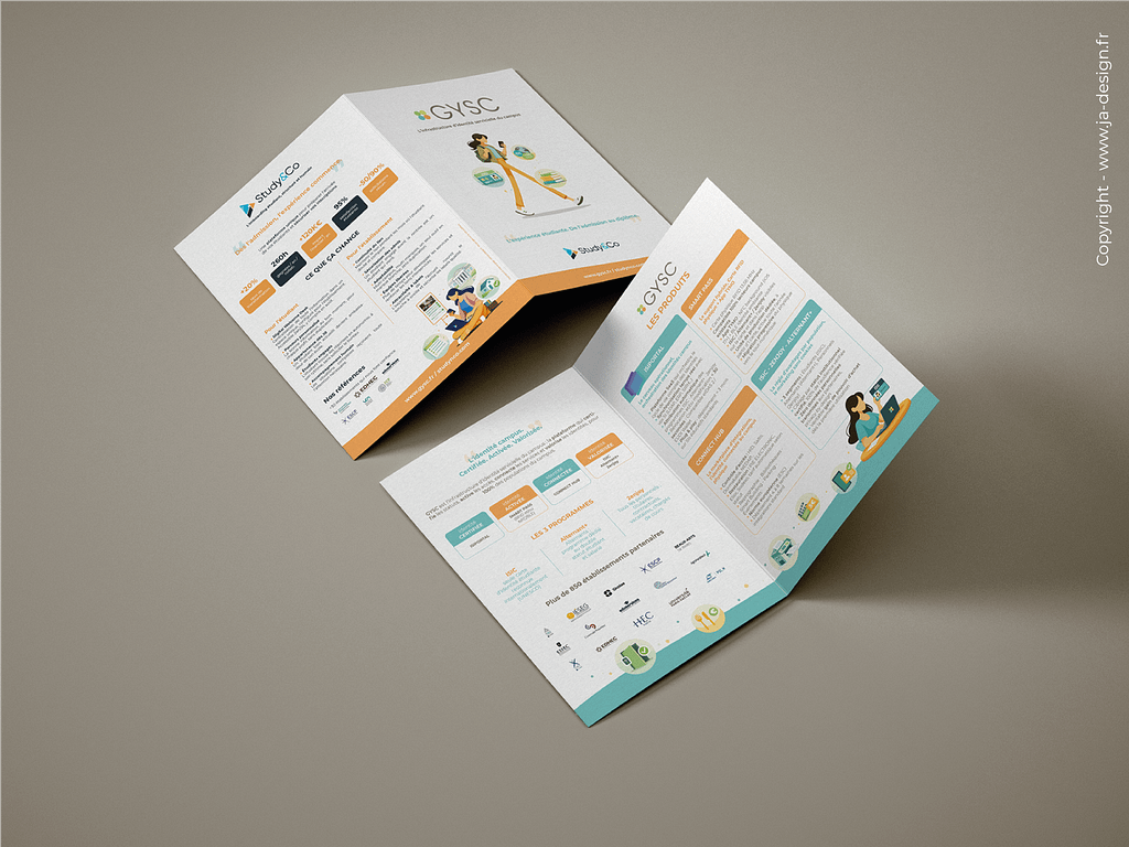 Création et mise en page d'une plaquette 4 pages pour GYSC et le salon de l'étudiant - par JA Design - Graphiste freelance à Bordeaux