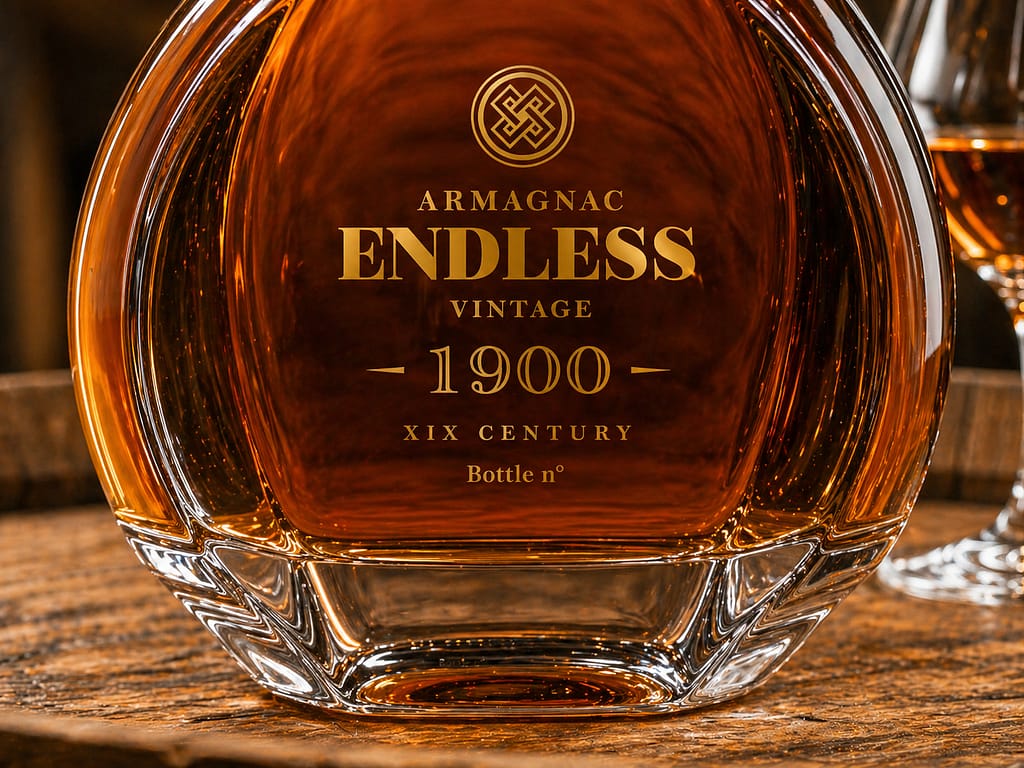 Création d'une étiquette transparente pour une bouteille d'armagnac Endless par JA Design graphiste à Bordeaux