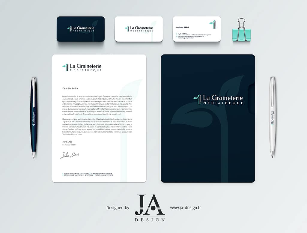 Création de la charte graphique de la Médiathèque de Sauveterre-de-Guyenne "La Graineterie" par JA Design