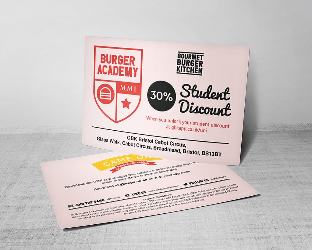 Création de flyers pour les restaurants GBK à Londres. (créés au sein de l'imprimerie Printstore)
