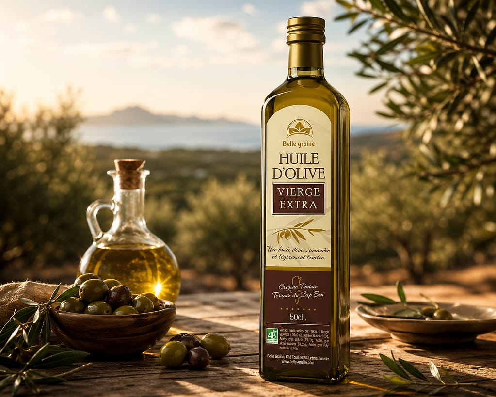 Création d'une étiquette pour bouteille d'huile d'olive vierge Belle Graine par JA Design graphiste à Bordeaux