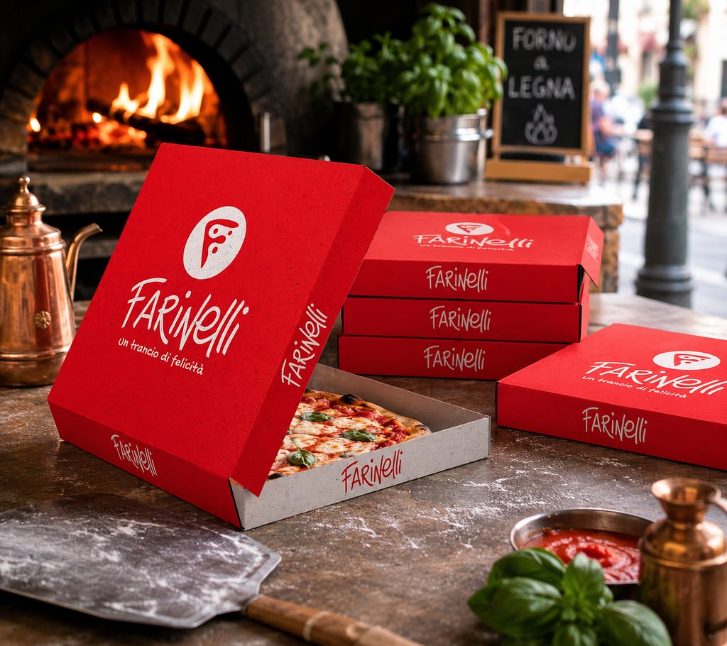 Création d'un packaging pour boîte à pizza Farinelli par JA Design graphiste à Bordeaux
