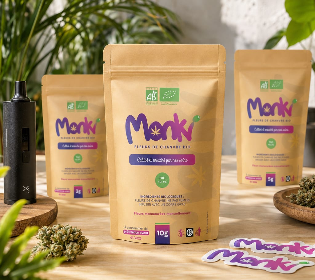 Création de packaging pour doypack de fleurs de cbd MONKI chanvre par JA Design graphiste à Bordeaux