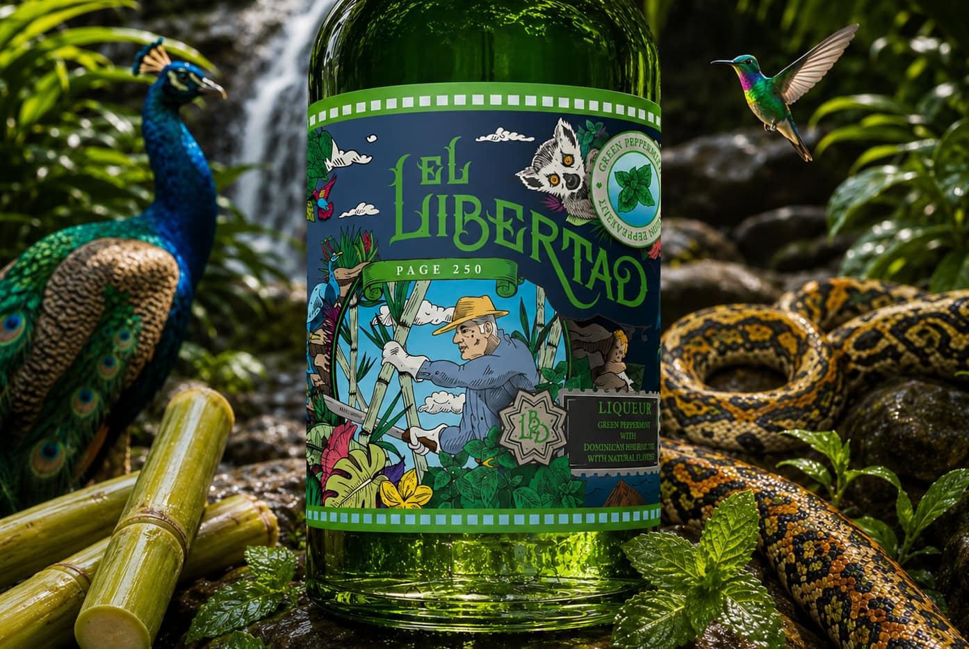 Etiquette illustrée sur mesure pour El Libertad, rhum et liqueur de menthe par JA Design